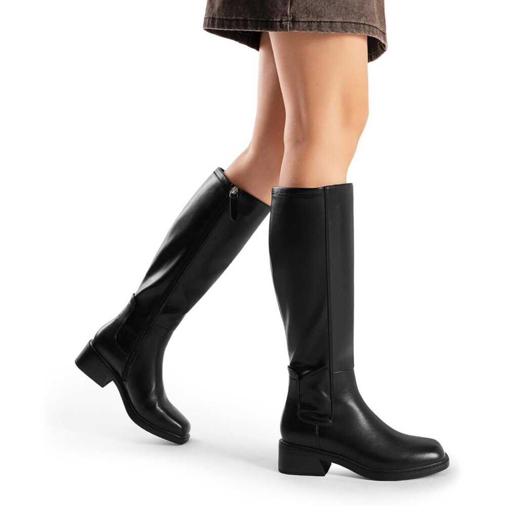 Women's Black Block Heel Casual Long Boots Knee High Side Zipper Faux Leather - Picture 2 of 6